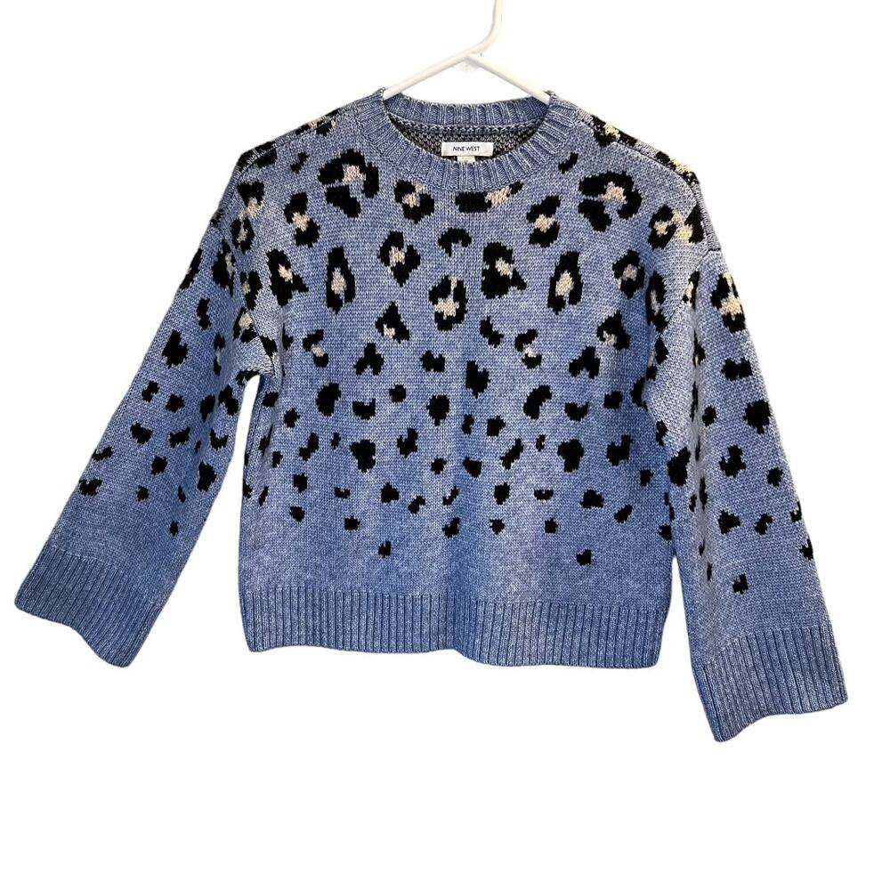 Nine West Leopard Crop Pullover Sweater Blue Knit Cozy Size PS NWOT